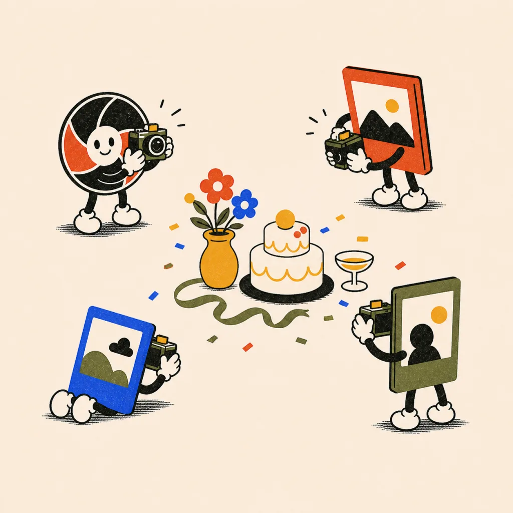 Four photo characters shooting the same cake table from different angles