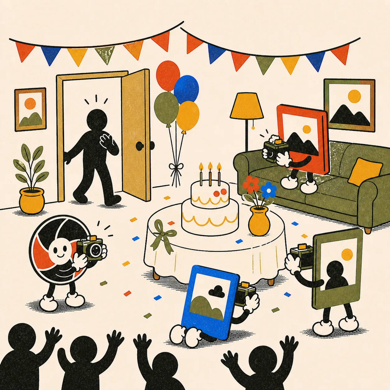 A surprise birthday party with cake, balloons and bunting in a living room