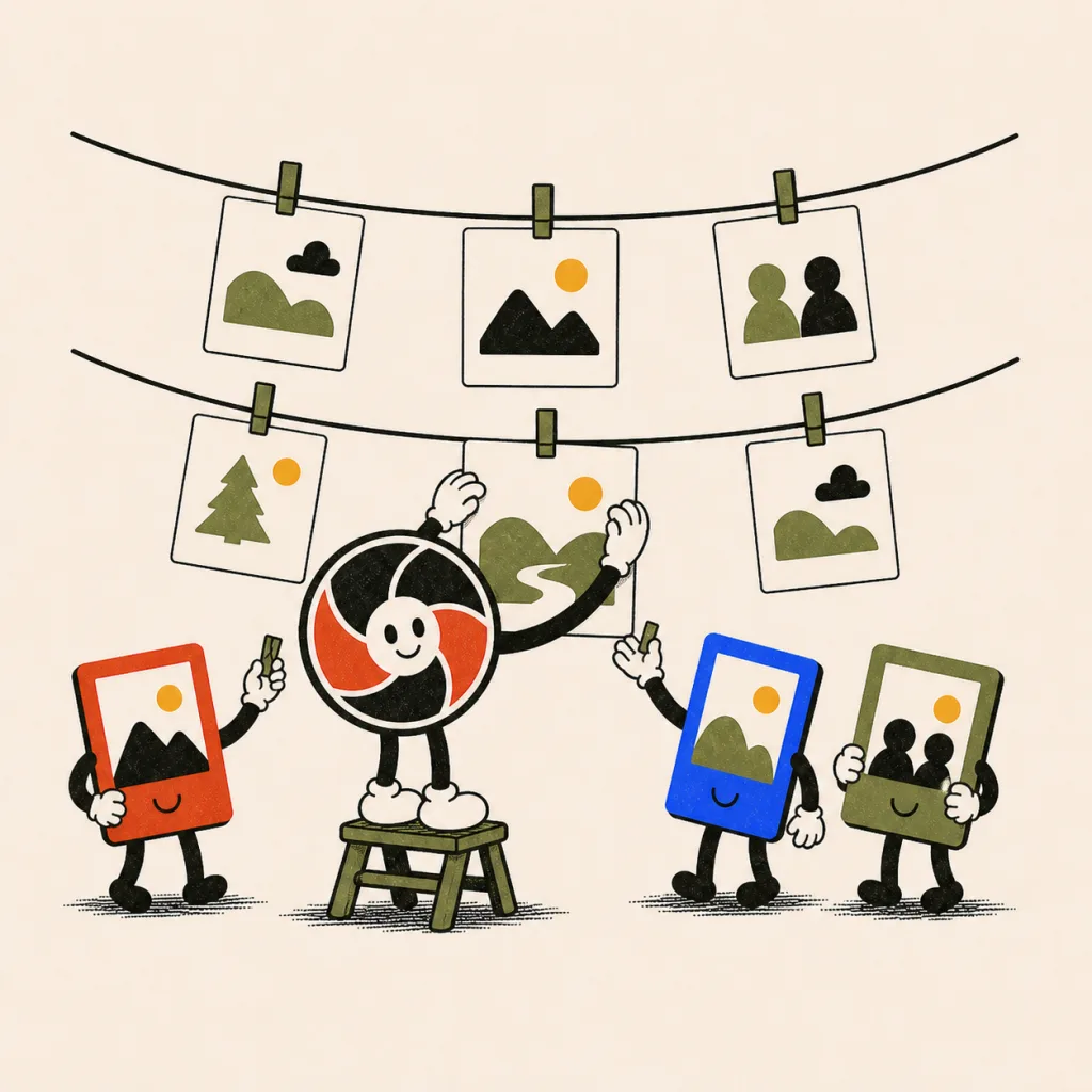 The mascot editing photos hanging on a clothesline gallery
