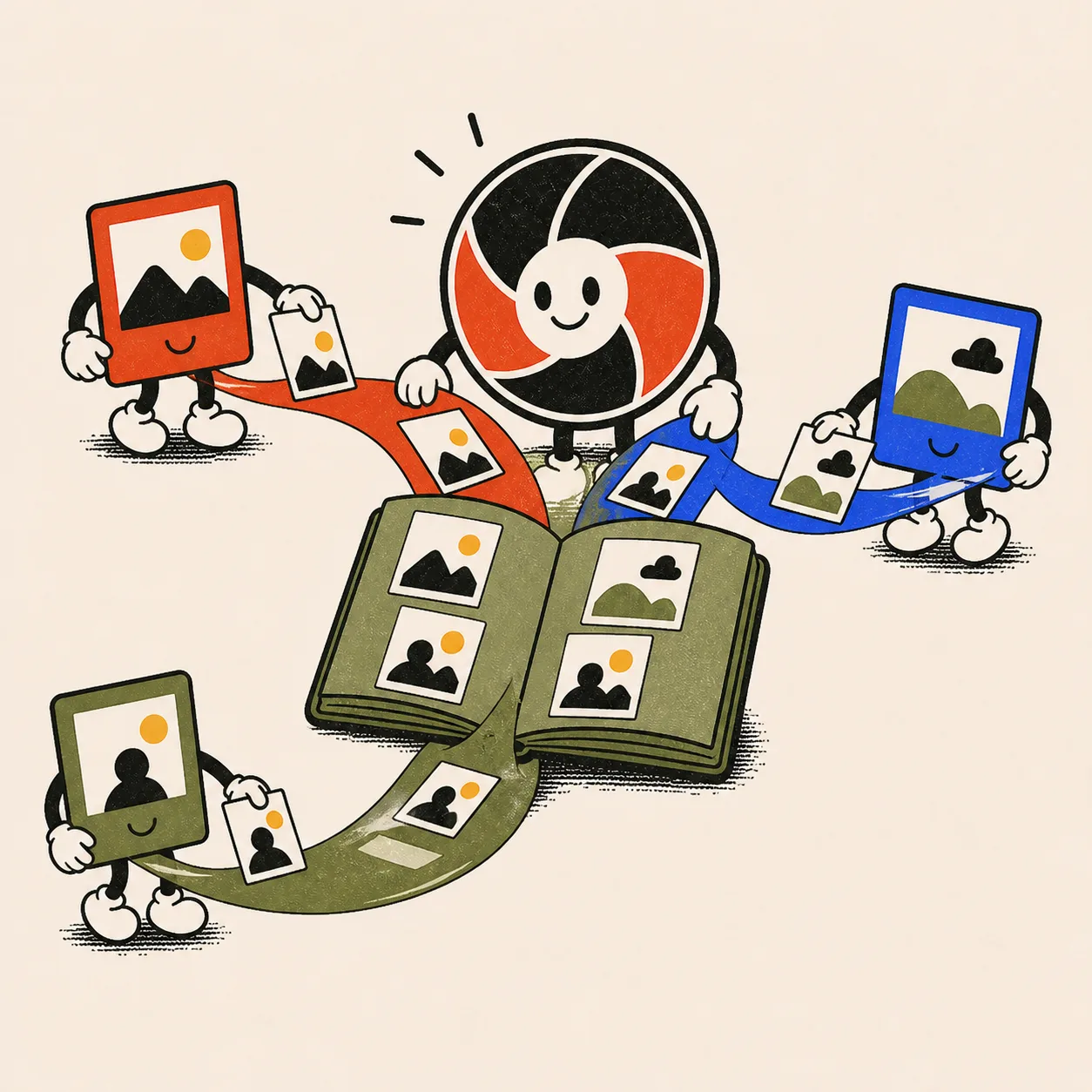Three streams of photos flowing from guest characters into one shared album