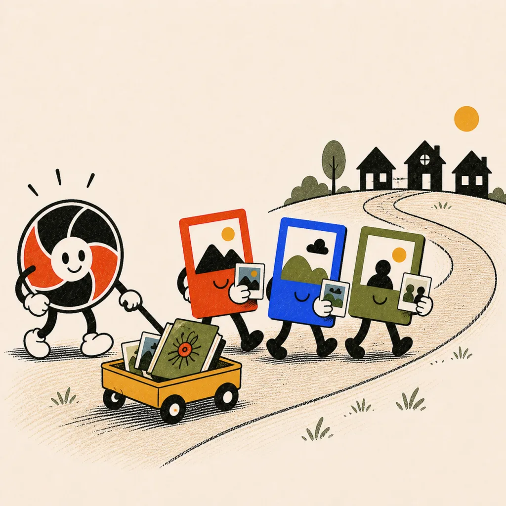 Characters pulling a wagon of photos home along a winding path