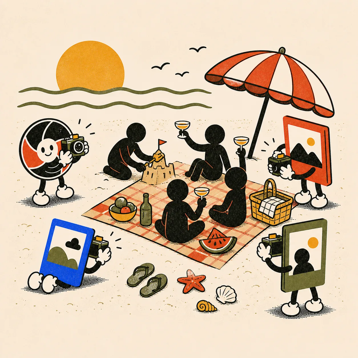 A sunset beach picnic under a striped umbrella, friends raising glasses