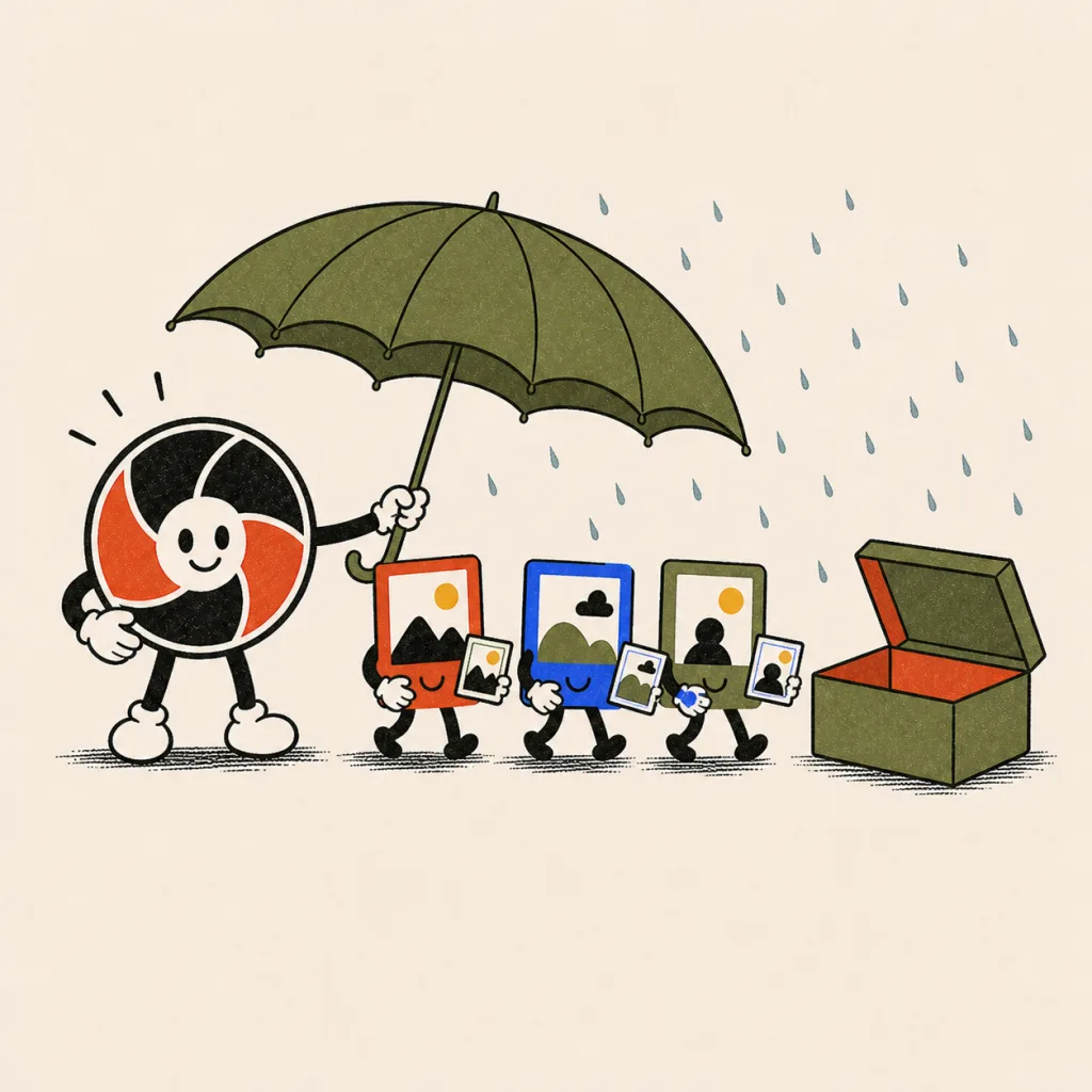 The mascot holding an umbrella over photo characters walking through rain toward a keepsake chest