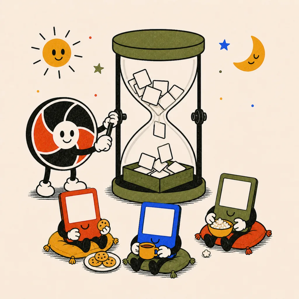 Photos falling like sand inside an hourglass while characters wait on cushions