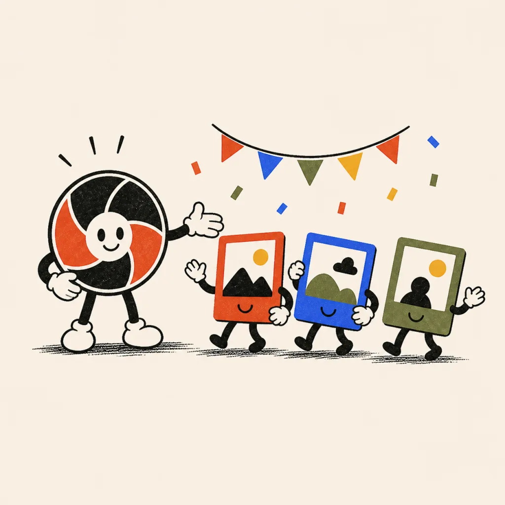 The mascot welcoming three photo characters under party bunting